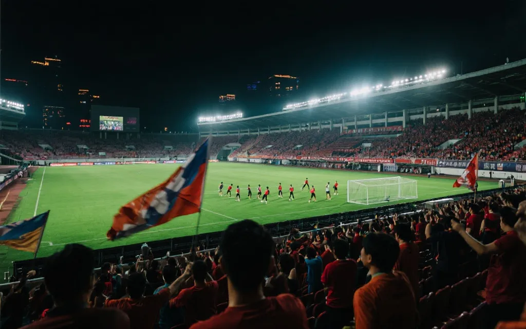 世界杯赛前看台声浪与灯光下的热身区