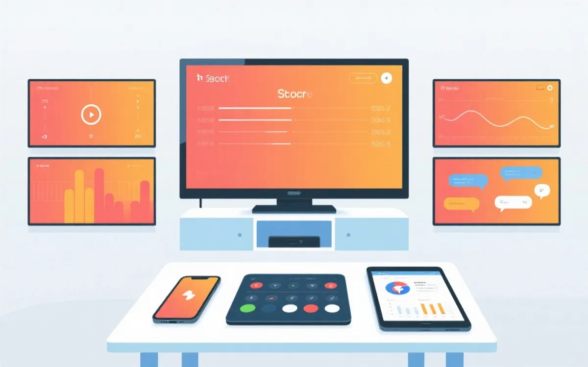 高效比分追踪系统示意：电视主画面、手机推送控制、平板数据面板、社交讨论分区